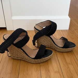 Stuart Weitzman Black Woven Wedge Sandals